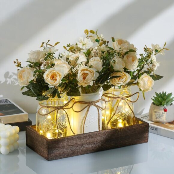 New 3-Piece Mason Jar Centerpiece with LED Lights, Farmhouse Table Decor - White